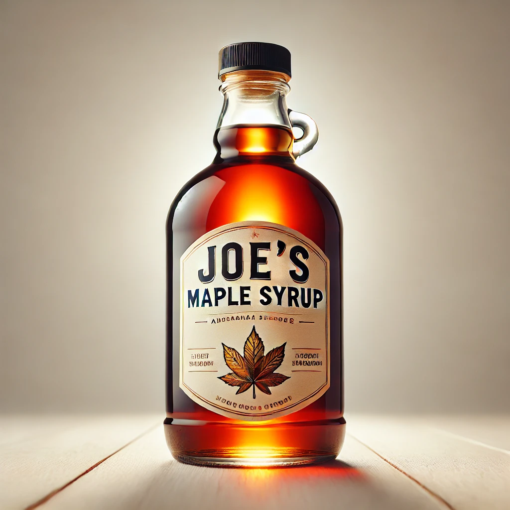 Clear bottle of Joe’s Maple Syrup